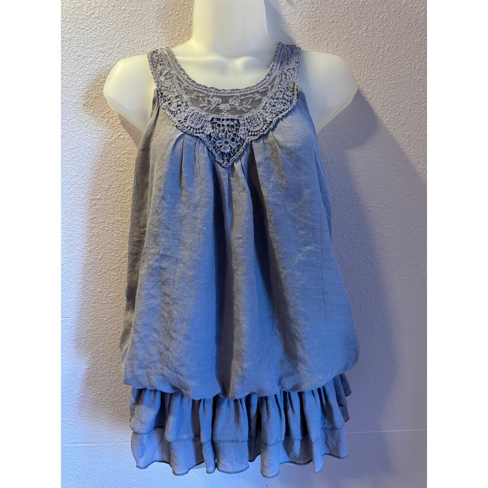 Poetry Dusty Grey  Boho Tank‎ Top Size M Crochet Lace Ruffle Hem Sleeveless